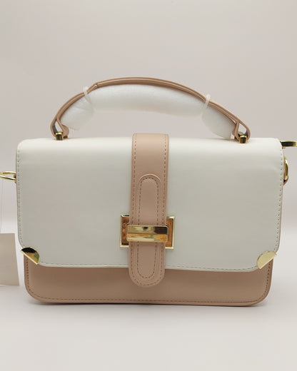 Two-Tone Top Handle Shoulder Bag with Wide Strap – White & Blush Beige