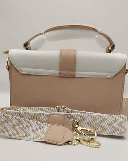 Two-Tone Top Handle Shoulder Bag with Wide Strap – White & Blush Beige