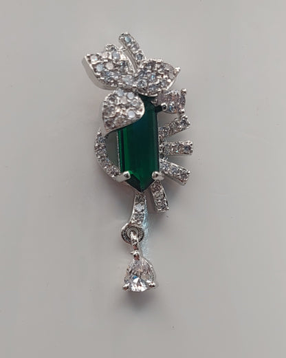 Elegant Green Stone & White Crystal Drop Earrings – Silver Finish