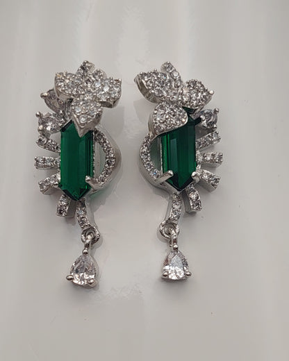 Elegant Green Stone & White Crystal Drop Earrings – Silver Finish