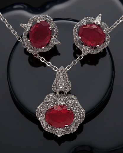 Elegant Ruby Red Stone Necklace & Earring Set – Silver Finish